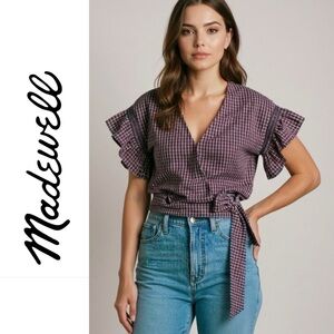 MADEWELL Flutter Sleeve Side Tie Plaid Wrap Summer Top Size Small